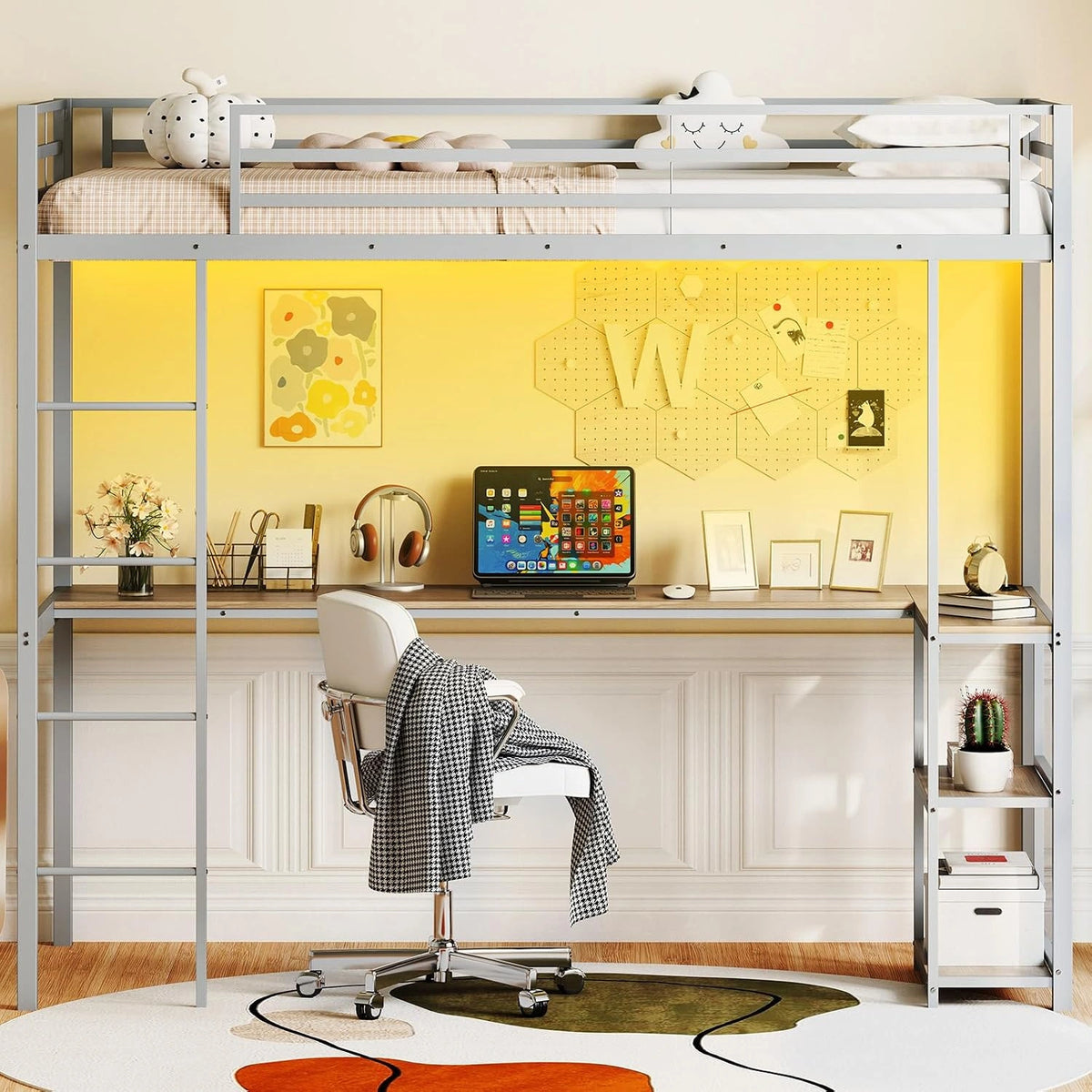 Łóżko na antresoli COSTWAY 90 × 200 cm z biurkiem, półkami i oświetleniem LED, srebrne