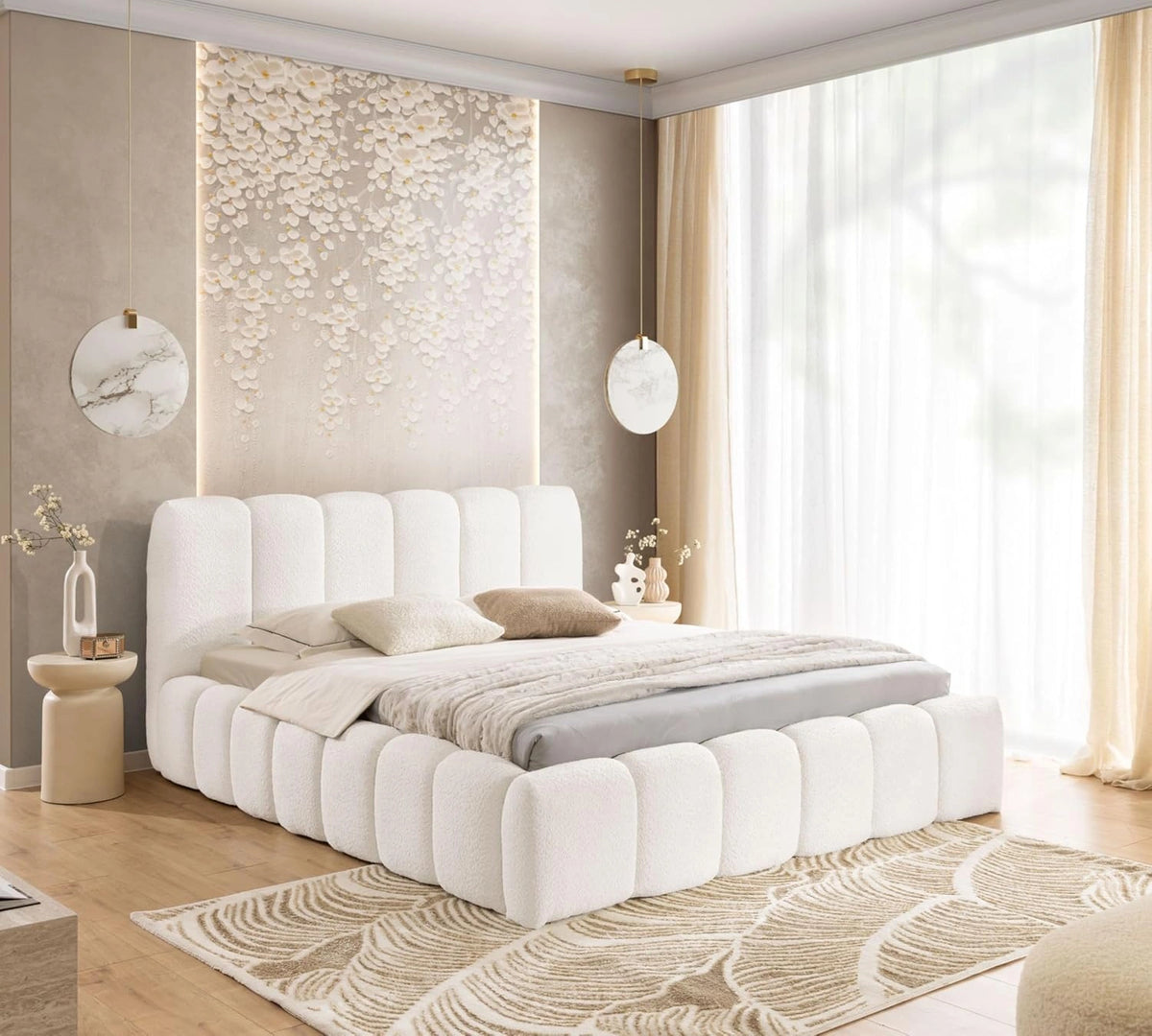 Łóżko tapicerowane FURNISTAR MIA 200 × 200 cm ze stelażem i pojemnikiem, białe