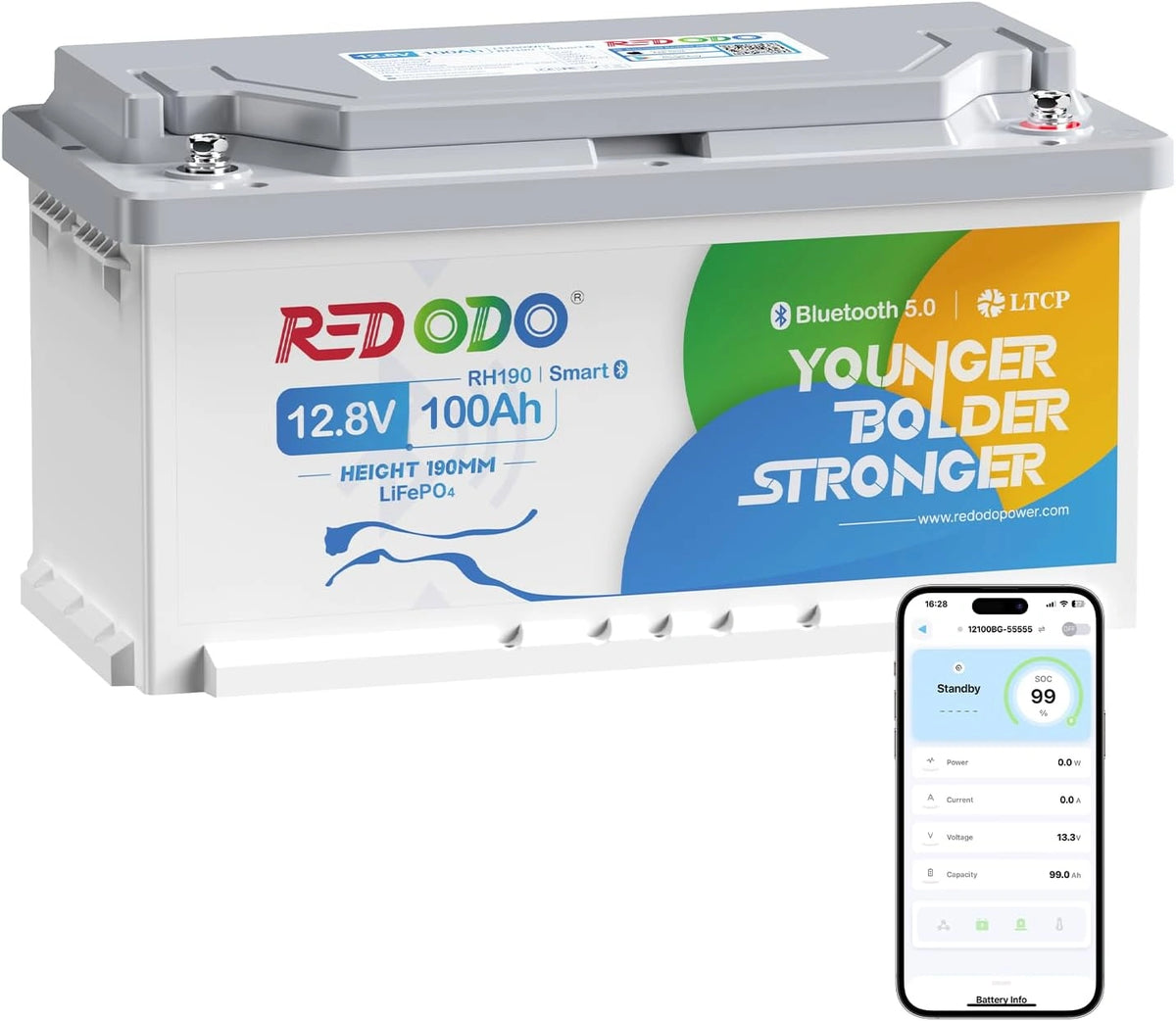 Akumulator Redodo – akumulator 100 Ah, energia 1280 Wh, napięcie 12 V, do zgodnych urządzeń lub pojazdów