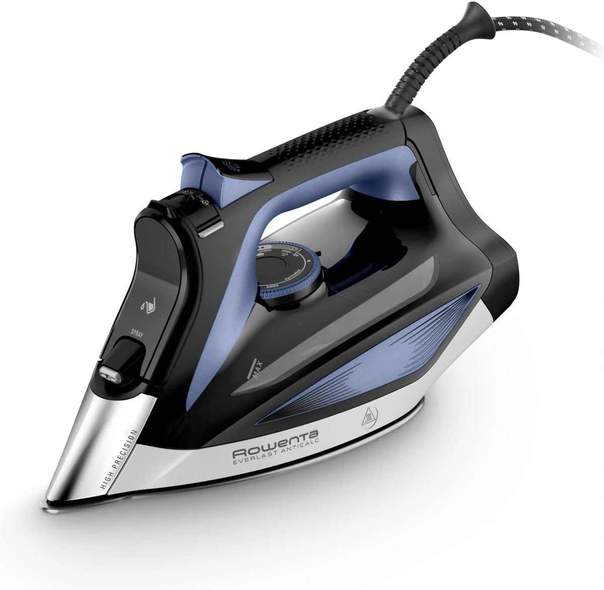 Żelazko parowe Rowenta DW7320D1 – kolor czarny i niebieski, moc 2700 W, do codziennego zastosowania