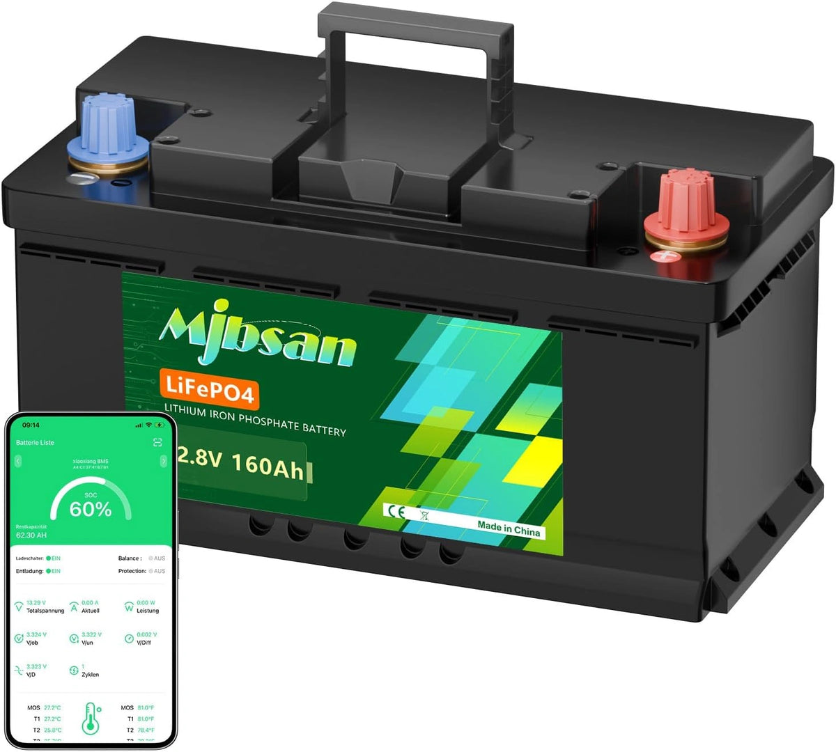 Produkt użytkowy Mjbsan 12 – akumulator 160 Ah, energia 2048 Wh, napięcie 12 V, do codziennego zastosowania