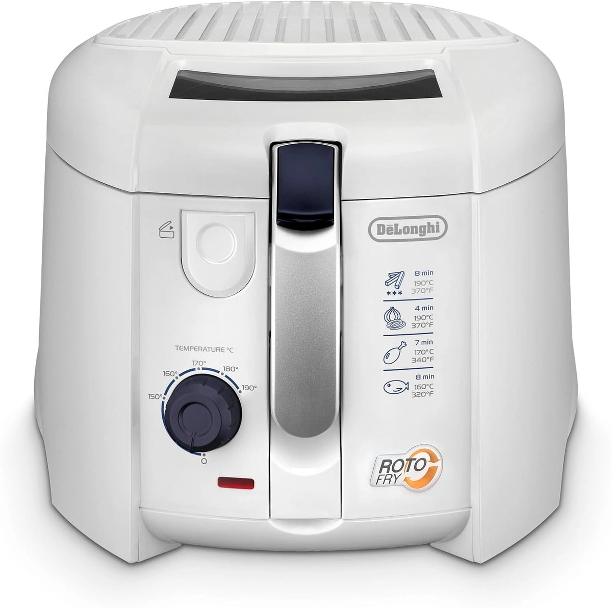Frytkownica beztłuszczowa De Longhi – stal nierdzewna, kolor czerwony i biały, moc 1800 W, pojemność 1,2 l, do przygotowywania potraw