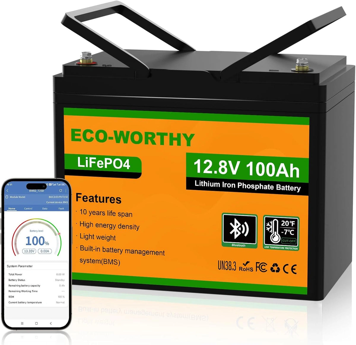 Produkt użytkowy ECO-WORTHY – akumulator 100 Ah, energia 1280 Wh, napięcie 12 V, do codziennego zastosowania