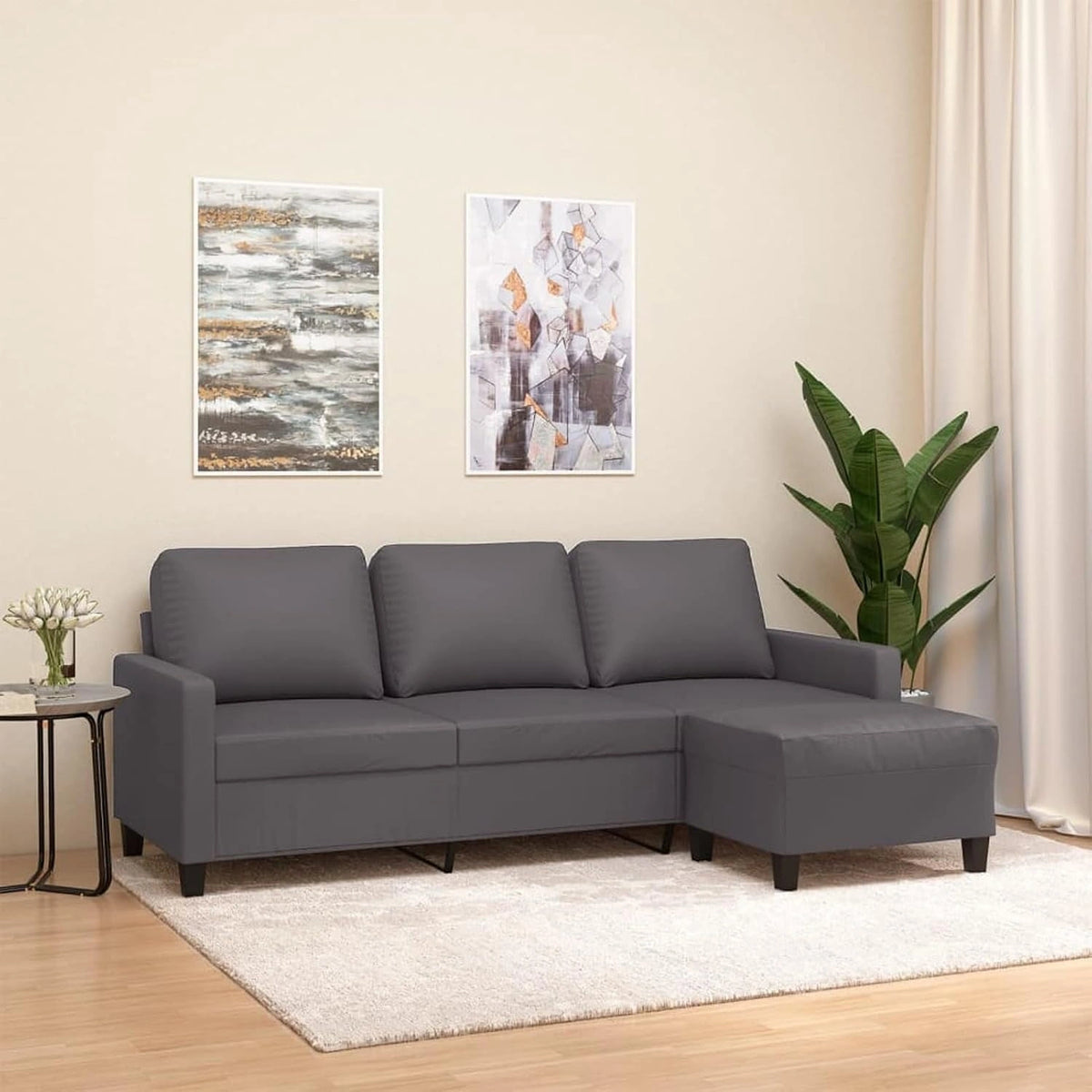 Sofa trzyosobowa 180 cm z podnóżkiem, tapicerka ze skóry syntetycznej, szara