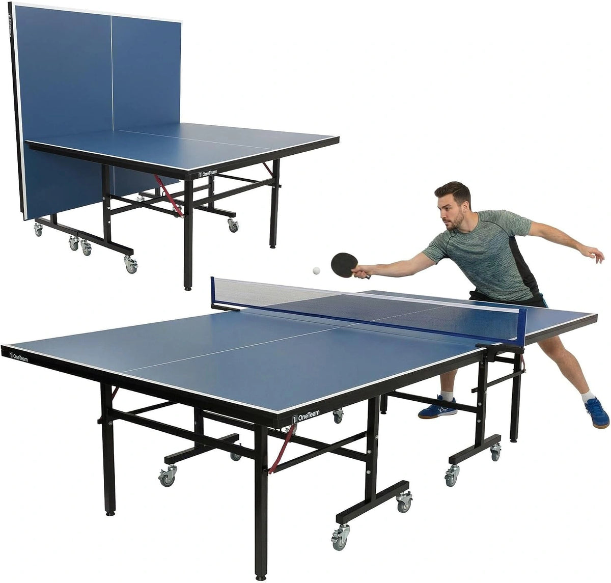 Składany stół do tenisa stołowego OneTeam 274 × 152 cm z siatką, niebieski
