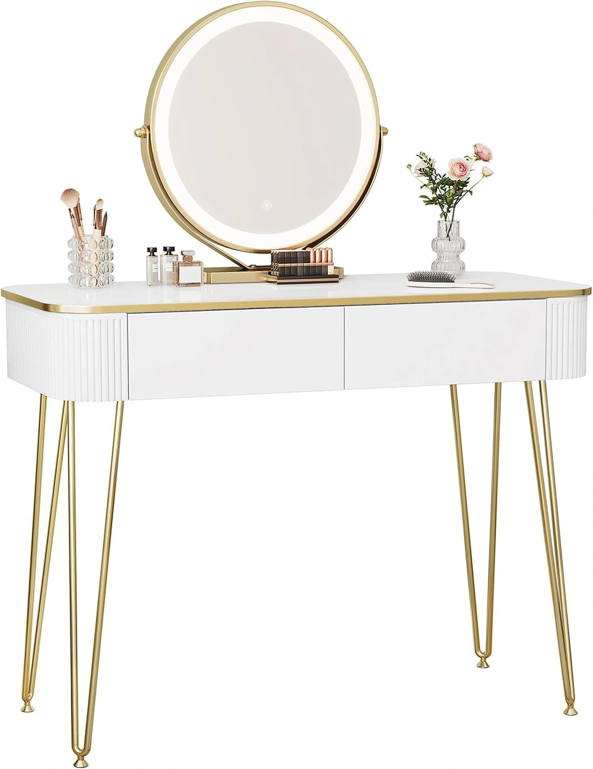 Toaletka EUGAD 0057SZT 100 × 40 cm z lustrem LED i 2 szufladami, biało-złota